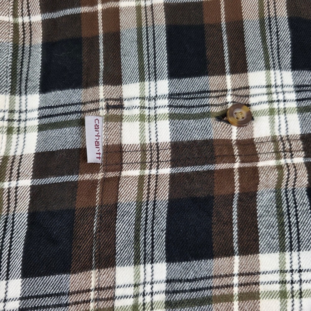 Carhartt Mens 2XL Relaxed Fit Brown Black Plaid Flannel Shirt Long Sleeve Pocket - Picture 3 of 9